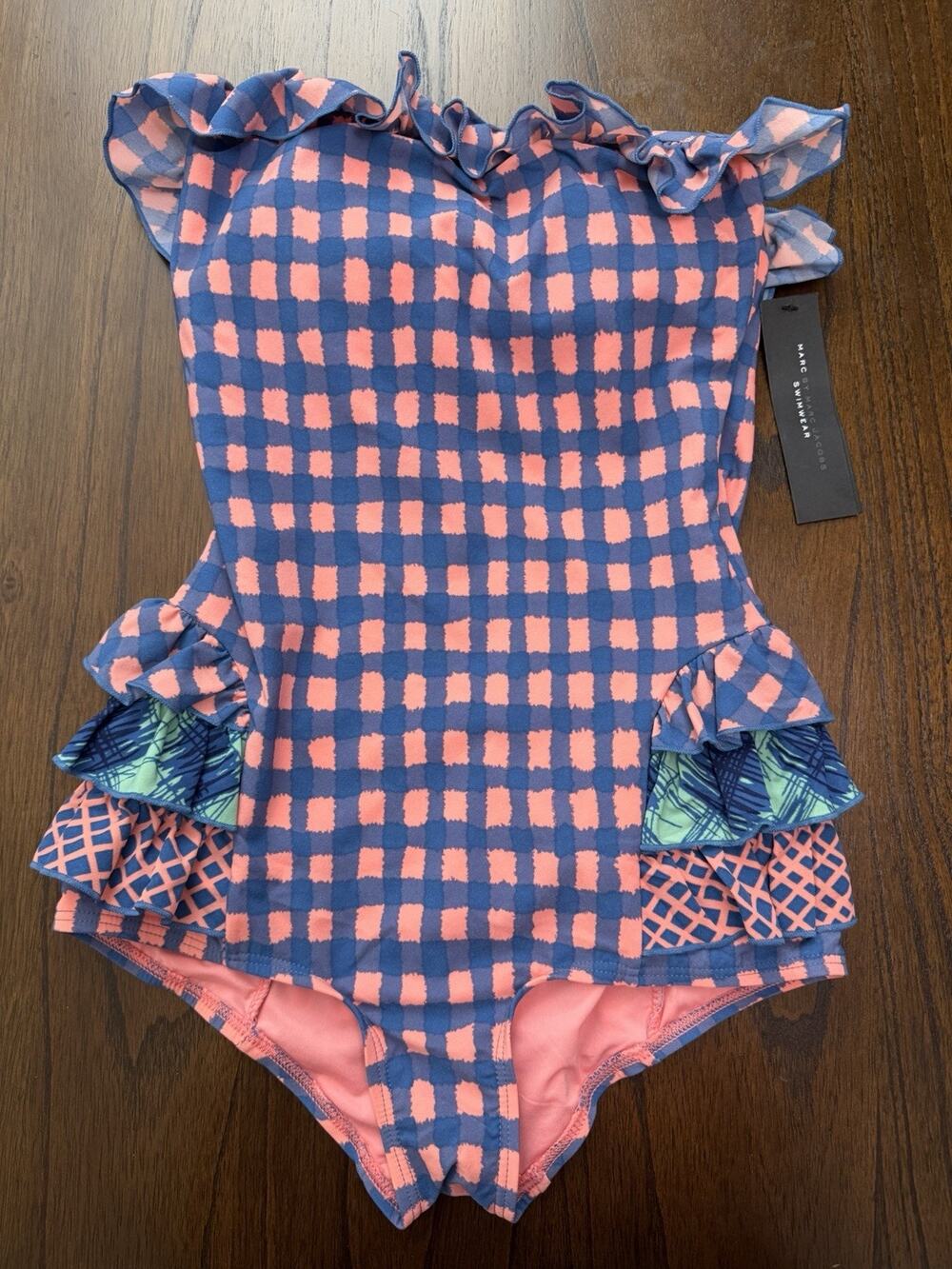 NWT Marc Jacobs Swimwear Bubblegum Pink & Blue Gingham Ruffled Swim Suit Small
